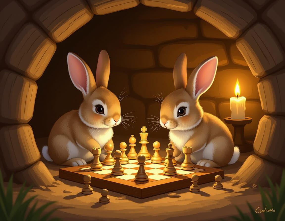 Adorable Rabbits Play Chess in Cozy Burrow