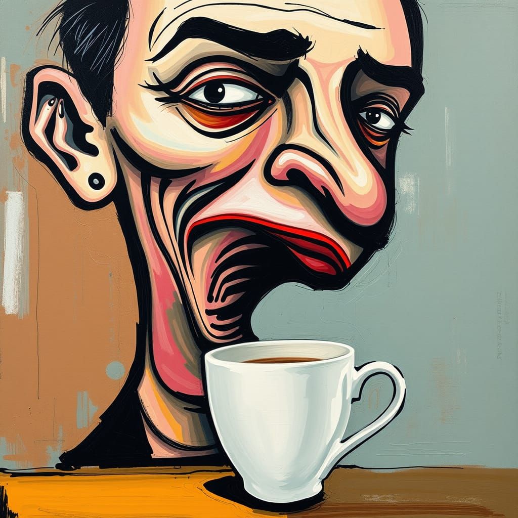 Distorted Face with Coffee Cup, Modern Abstract Style