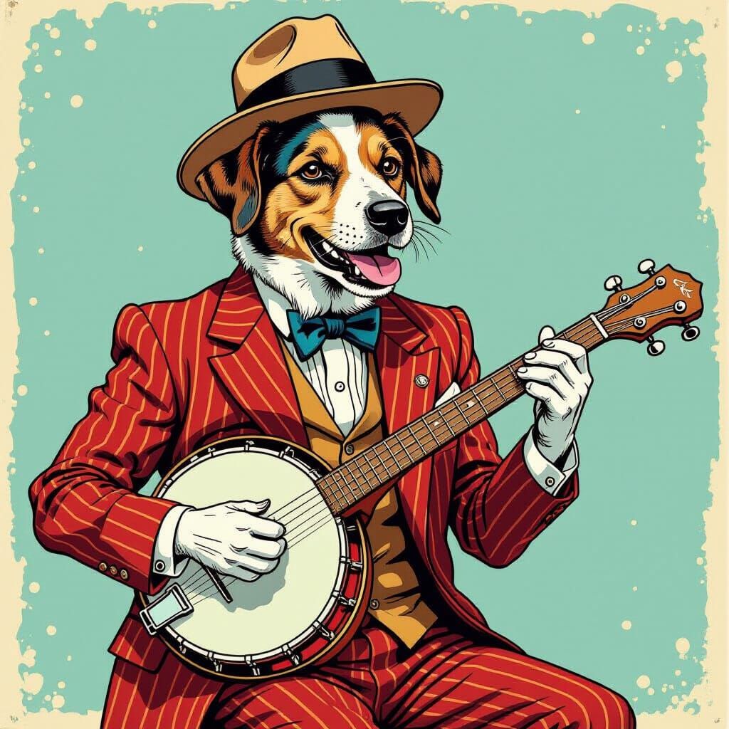 Dog in Zoot Suit Plays Banjo, Cartoon Style