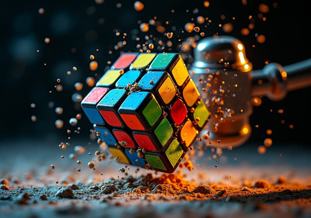 Rubik's Cube Shattered by Hammer in Mid-Air