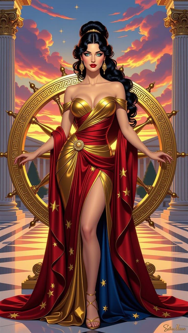 Goddess of Fortune in Vibrant Athenian Sunset