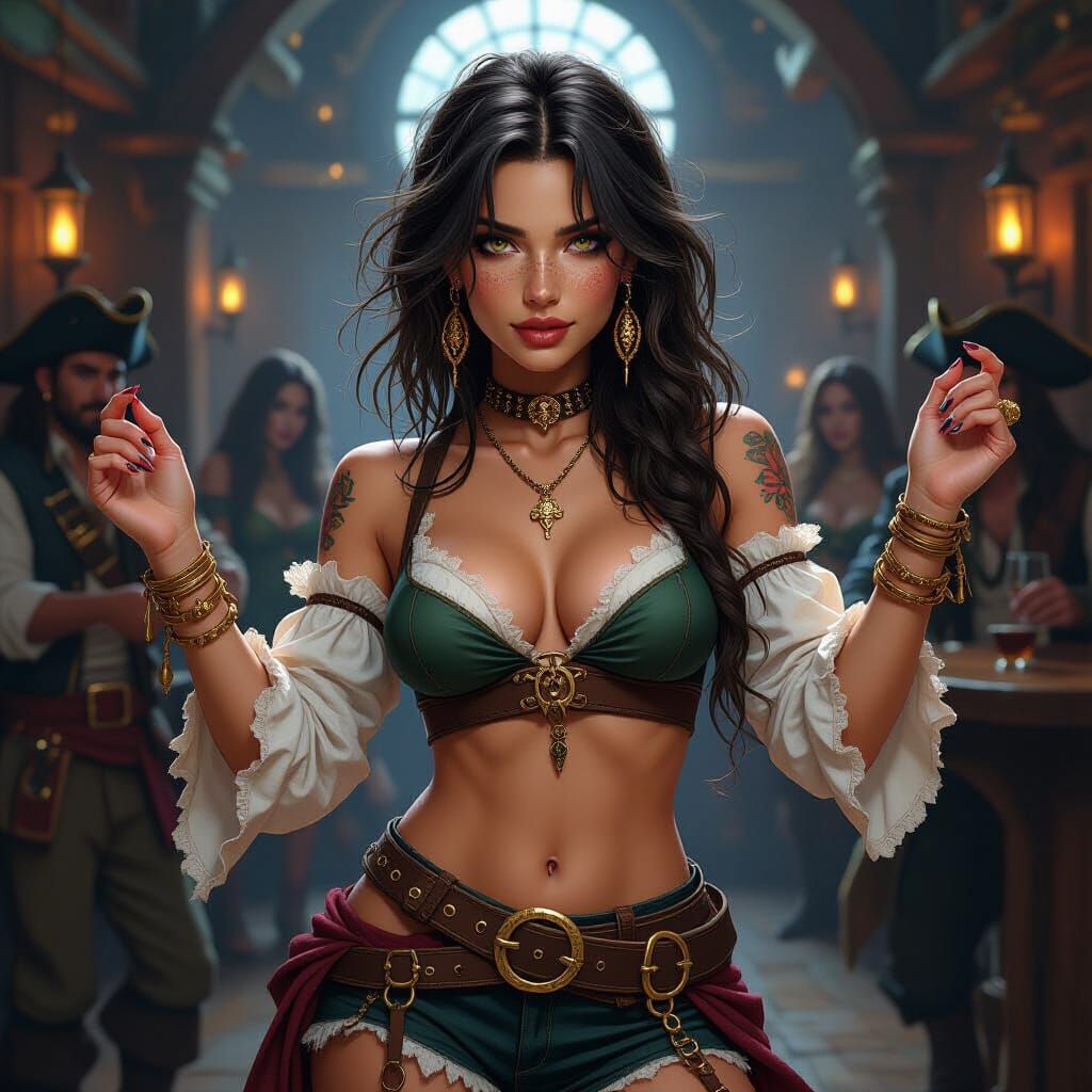 Fantasy Gypsy Babe Dancing in Pirate Tavern
