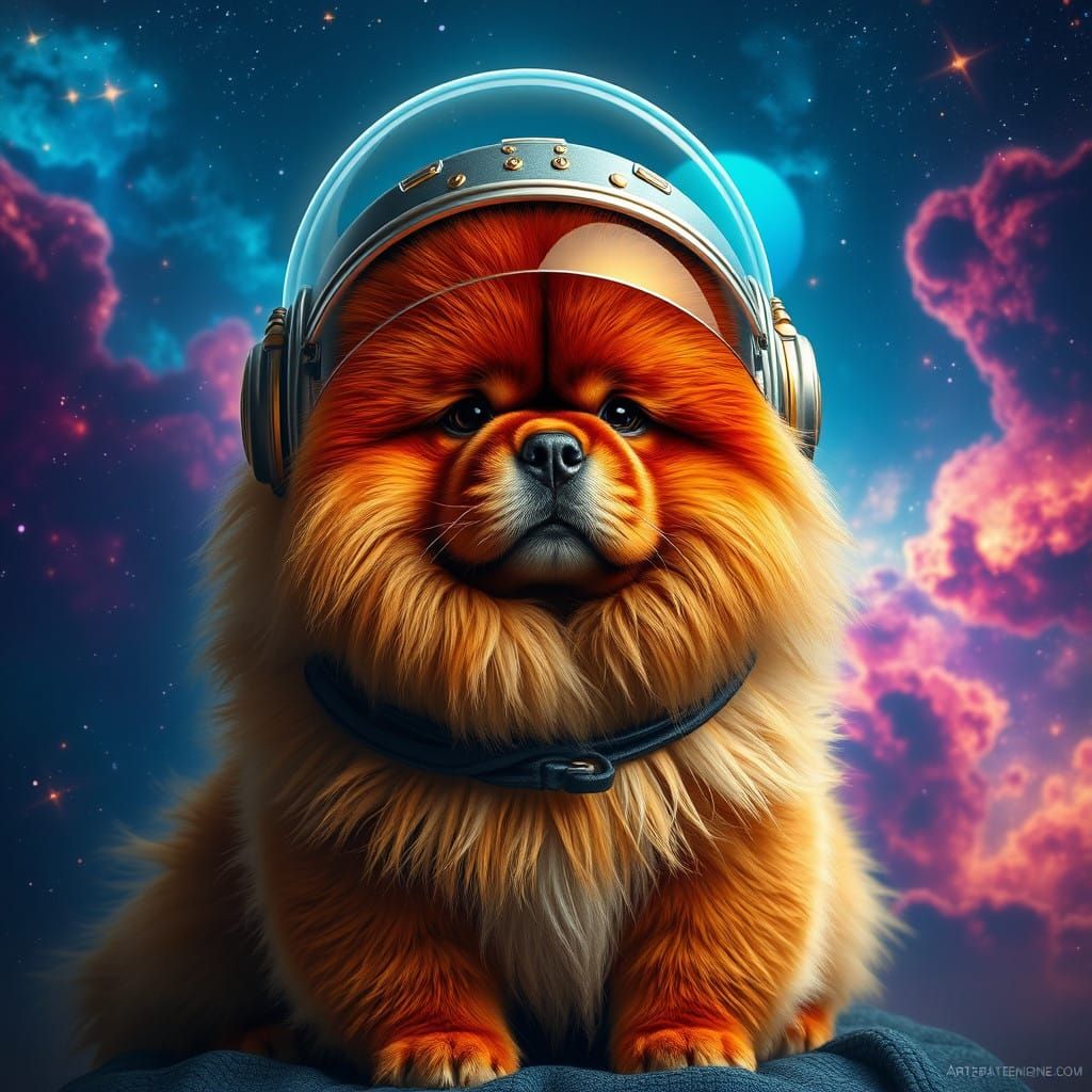 Majestic Chow Chow in Astronaut Helmet Against Vibrant Nebul...