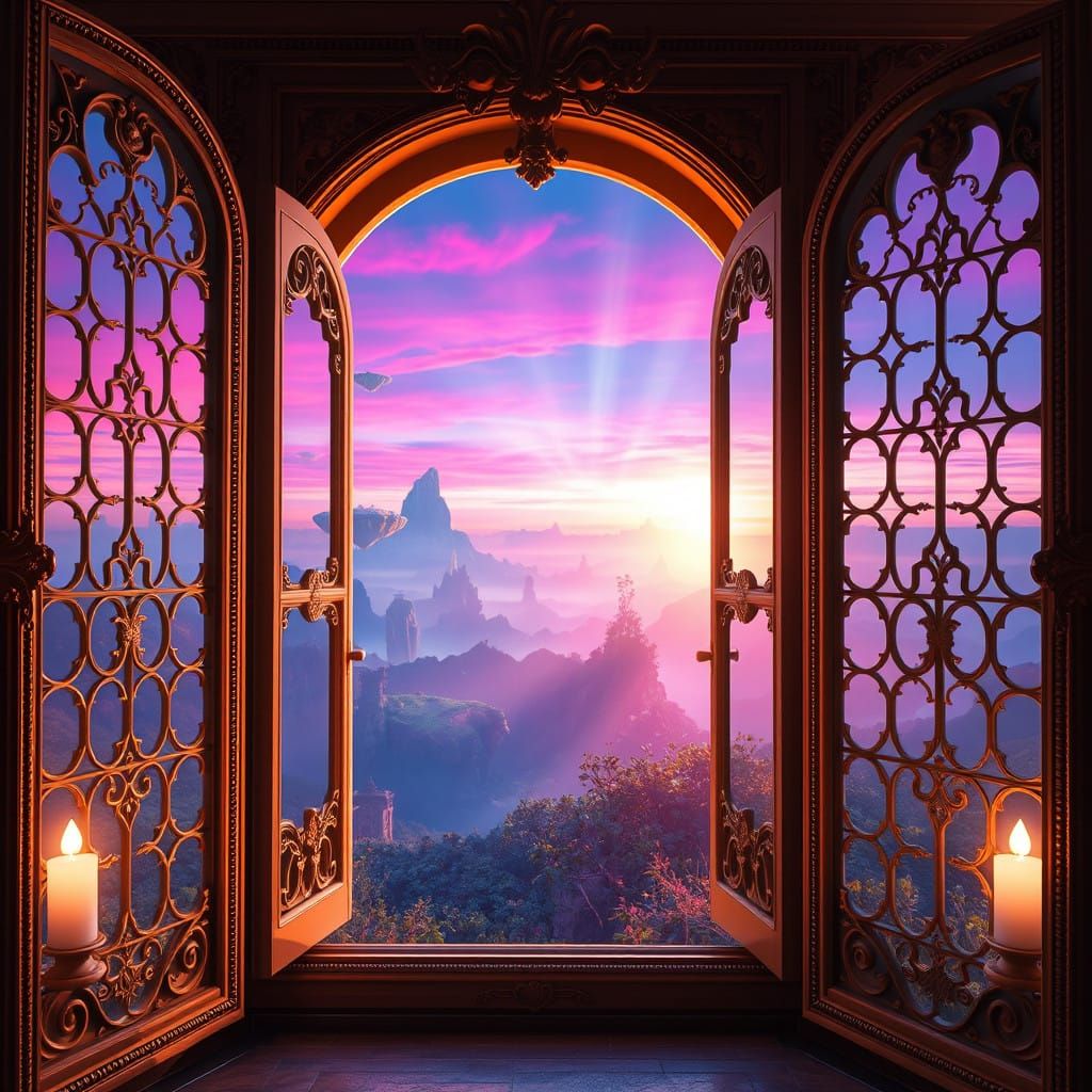 Grand Ornate Window to Surreal Panorama with Floating Landma...