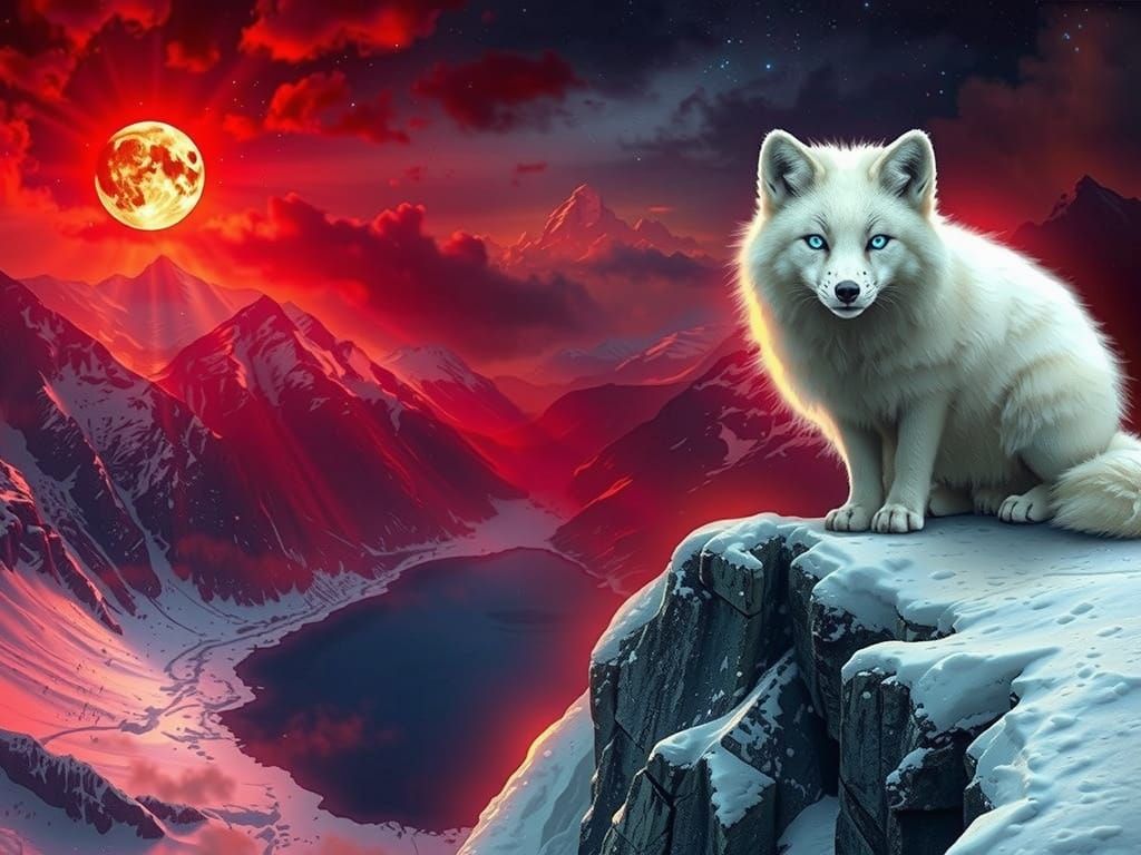Two White Arctic Foxes Bask in the Red Moonlight of the Swis...