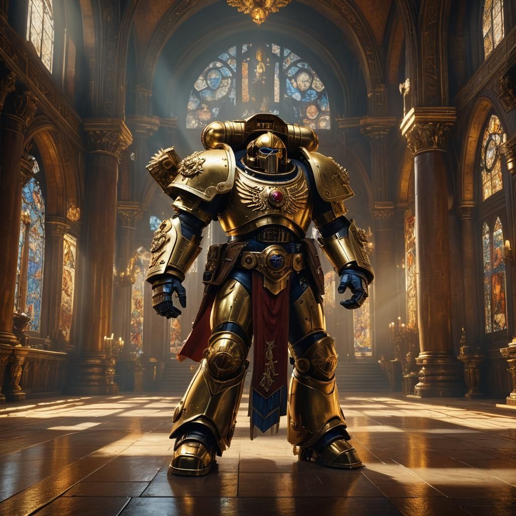 Golden Space Marine in Illuminated Hall: Fantasy Art