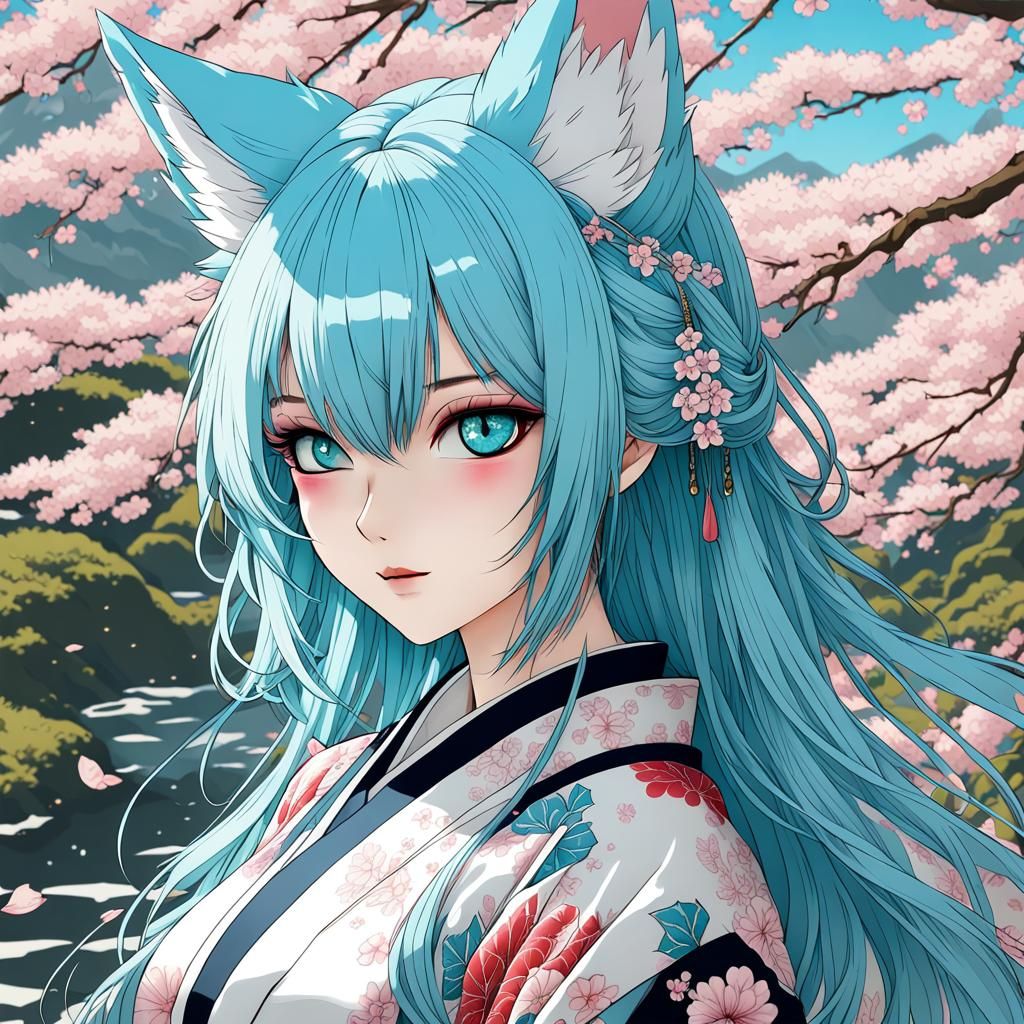 Cyan Fox Girl in Japanese Manga Art Style