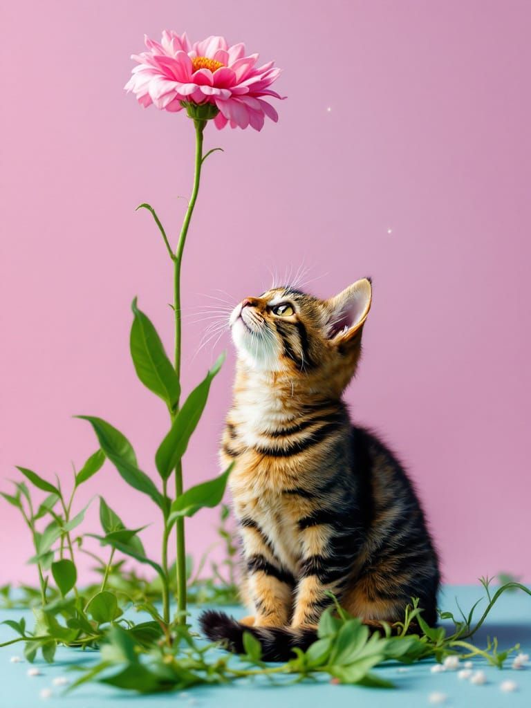 Adorable Kitten Under Tall Flower, Graphic Style