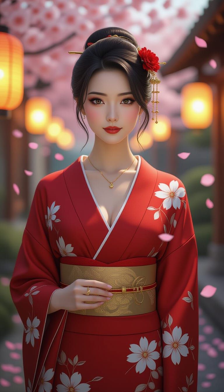 Japanese Woman in Red Kimono, Twilight Garden
