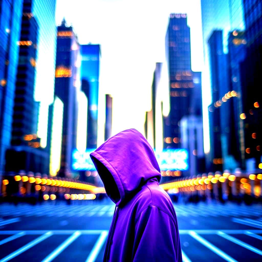 Ethereal Dawn Cityscape with Holographic Figure