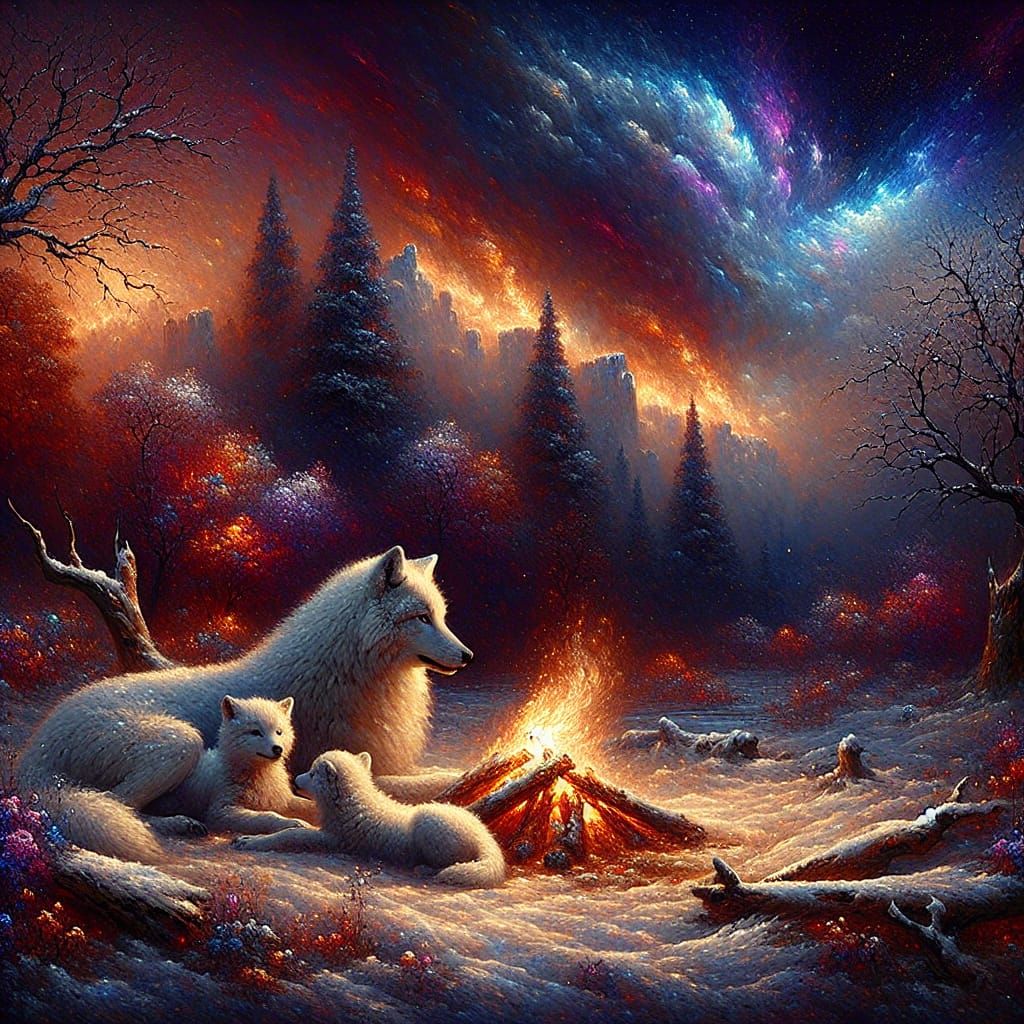 Winter Wolves Gather 'Round a Campfire