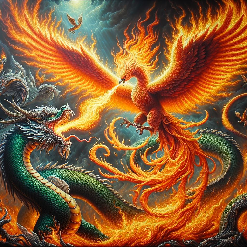 Fiery Phoenix and Emerald Dragon Battle