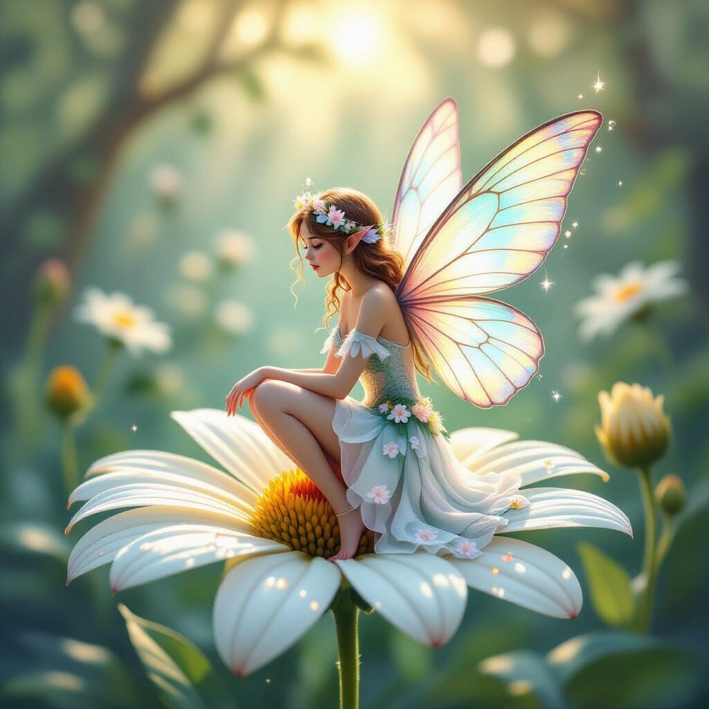 Ethereal Fairy on Flower Petal in Enchanted Forest