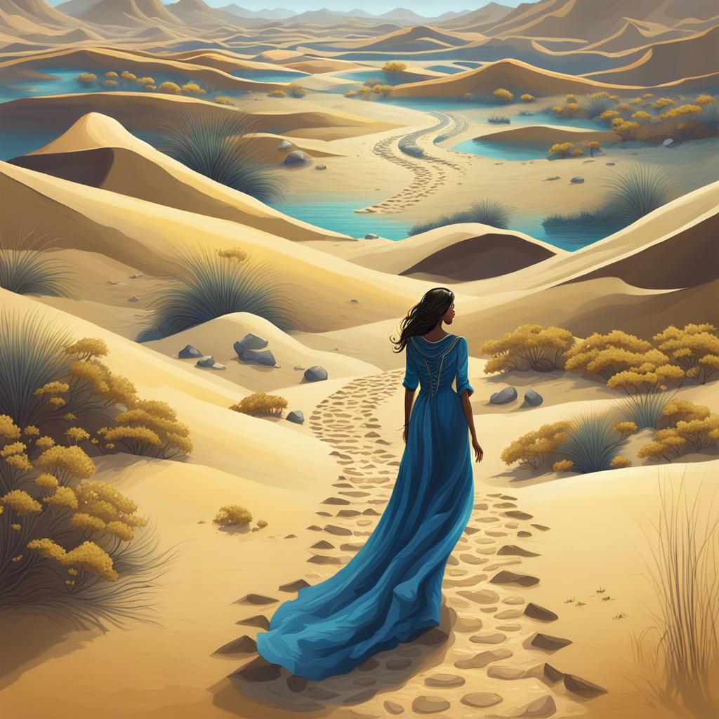 Woman in Yellow Gown in Desert Landscape