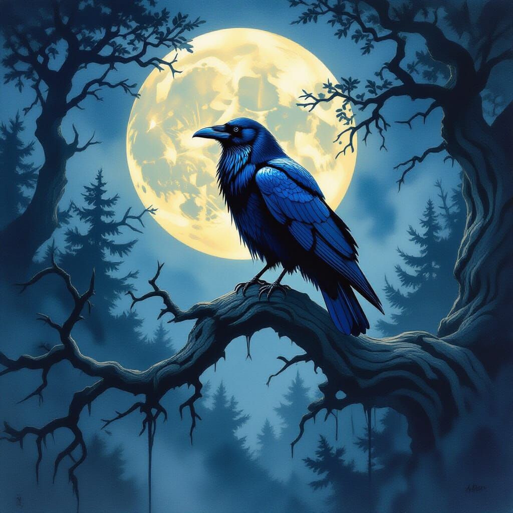 Lone Raven on Oak Branch Under Full Moon in Watercolor Style