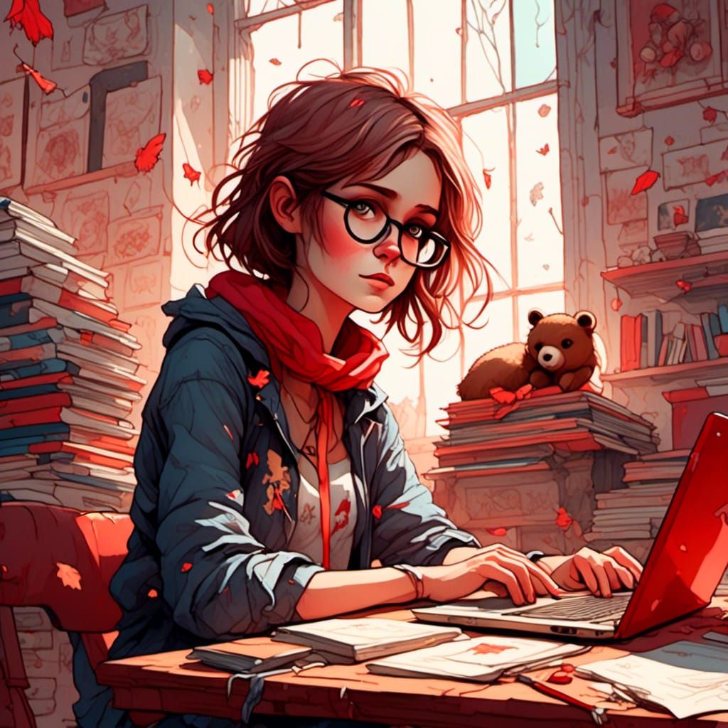 Cute Girl with Laptop in Aquarelle Fairytale Style