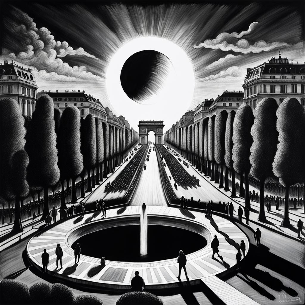 Solar Eclipse Over Champs Elysee: Charcoal Drawing