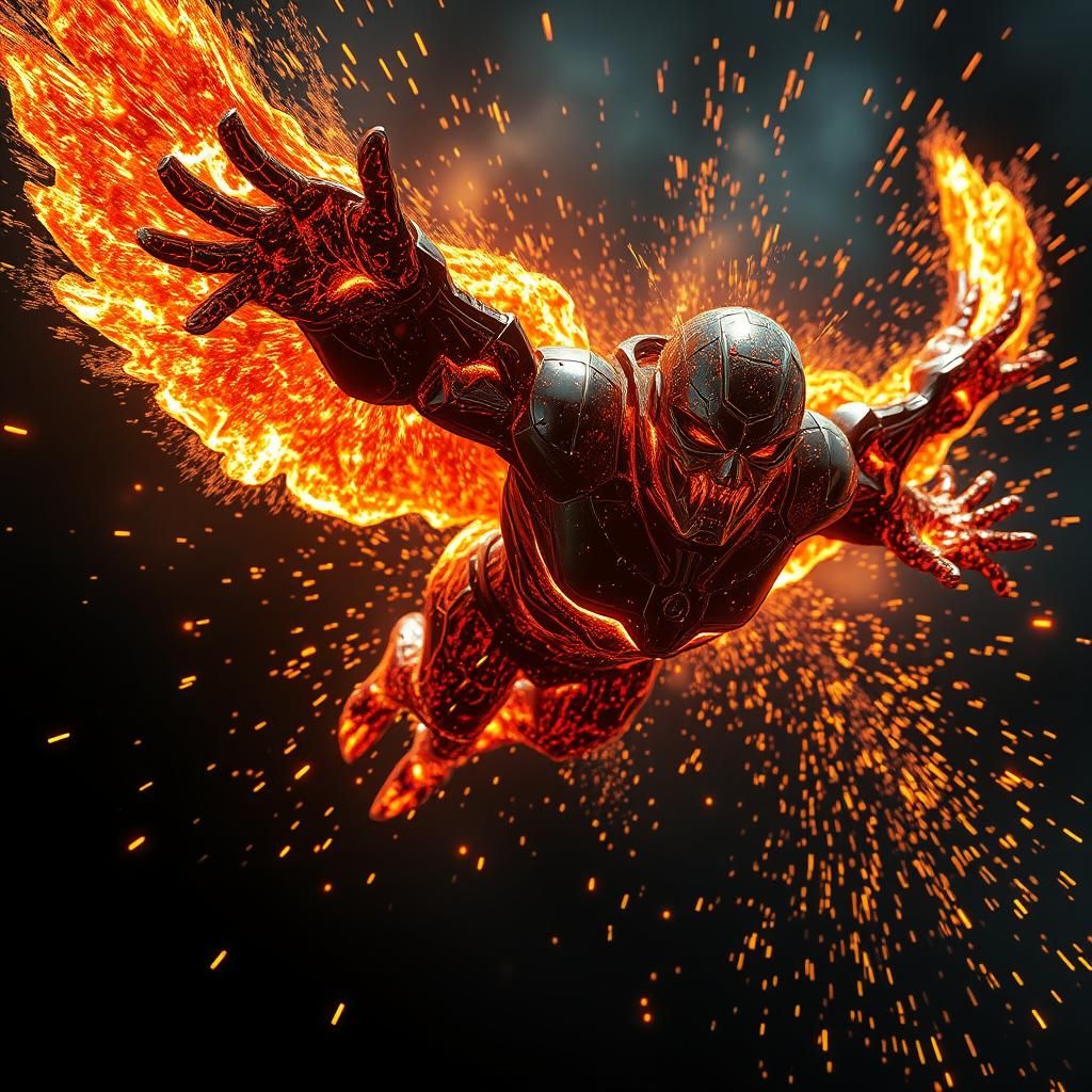 Dramatic Molten Metal Humanoid in Cosmic Flight