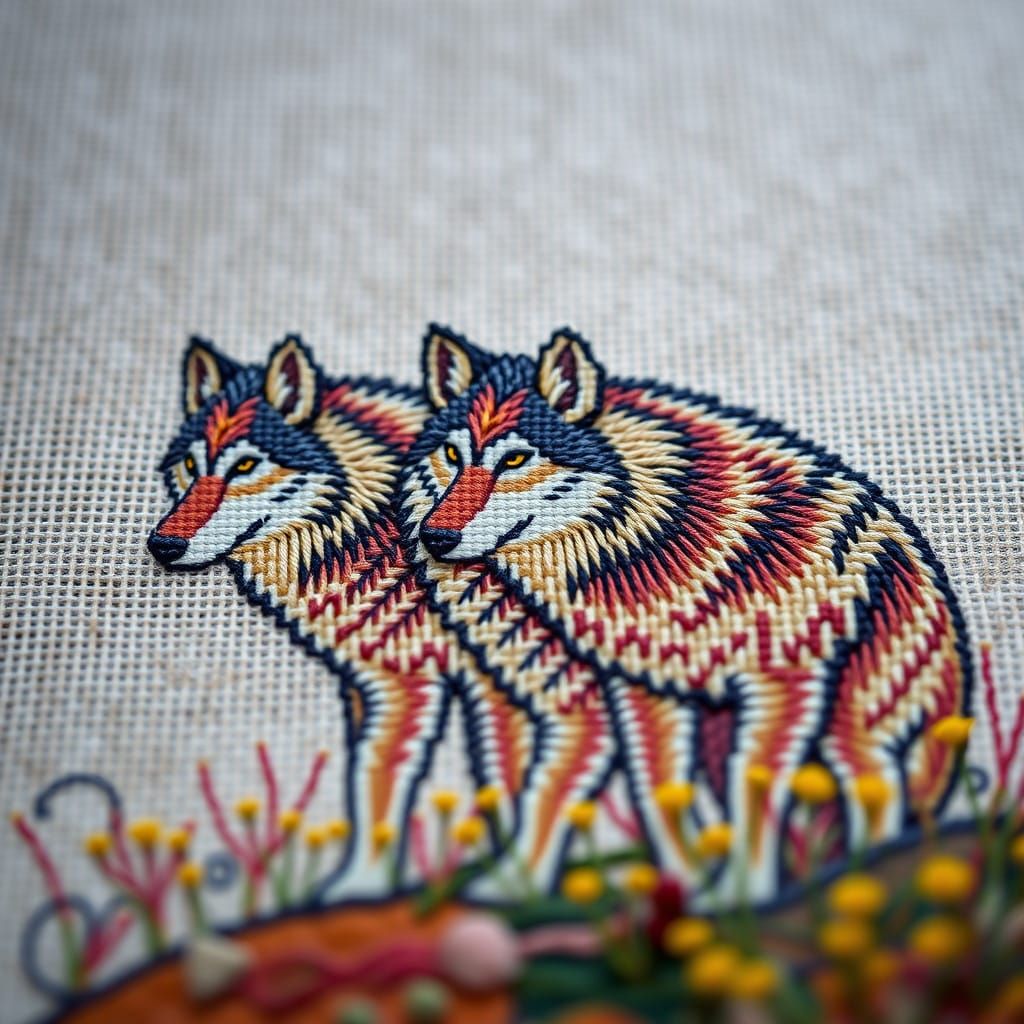 Vibrant Cross Stitch Art of Wolves in a Sunlit Meadow