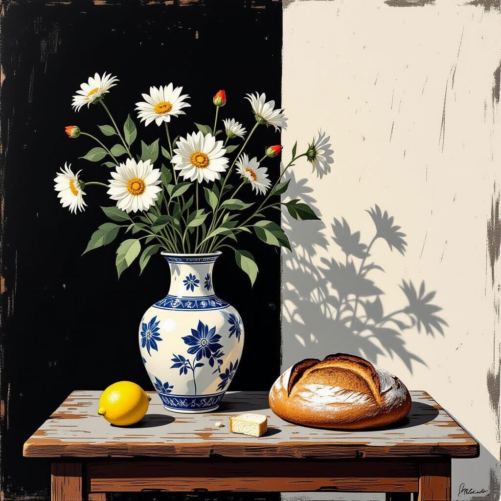 Print Style Still Life: Flowers, Lemon, Bread on Table