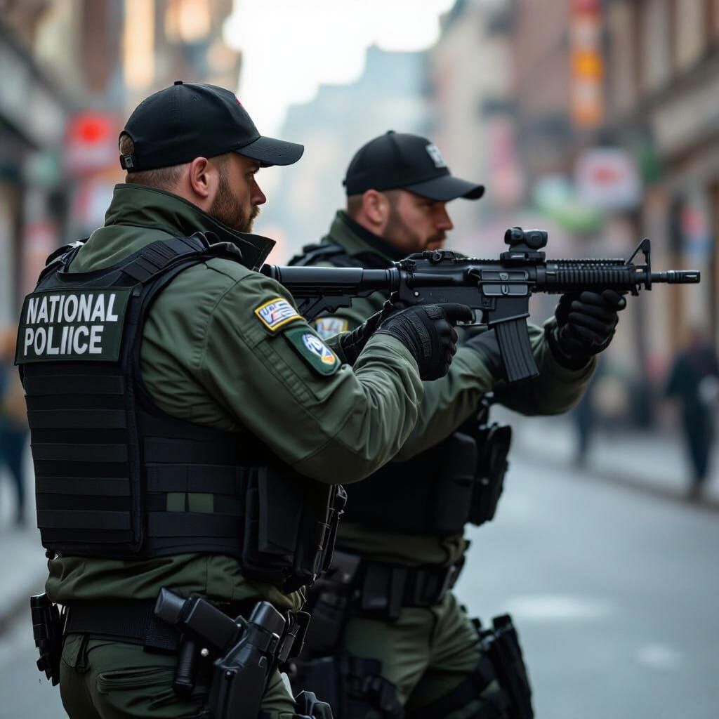 Armed Police Officers in Green Bomber Jackets