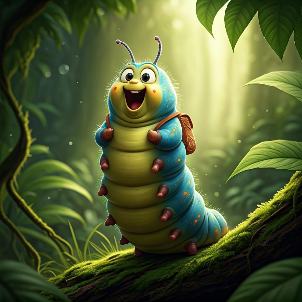 Excited Caterpillar in Jungle, Pixar-Style Artwork