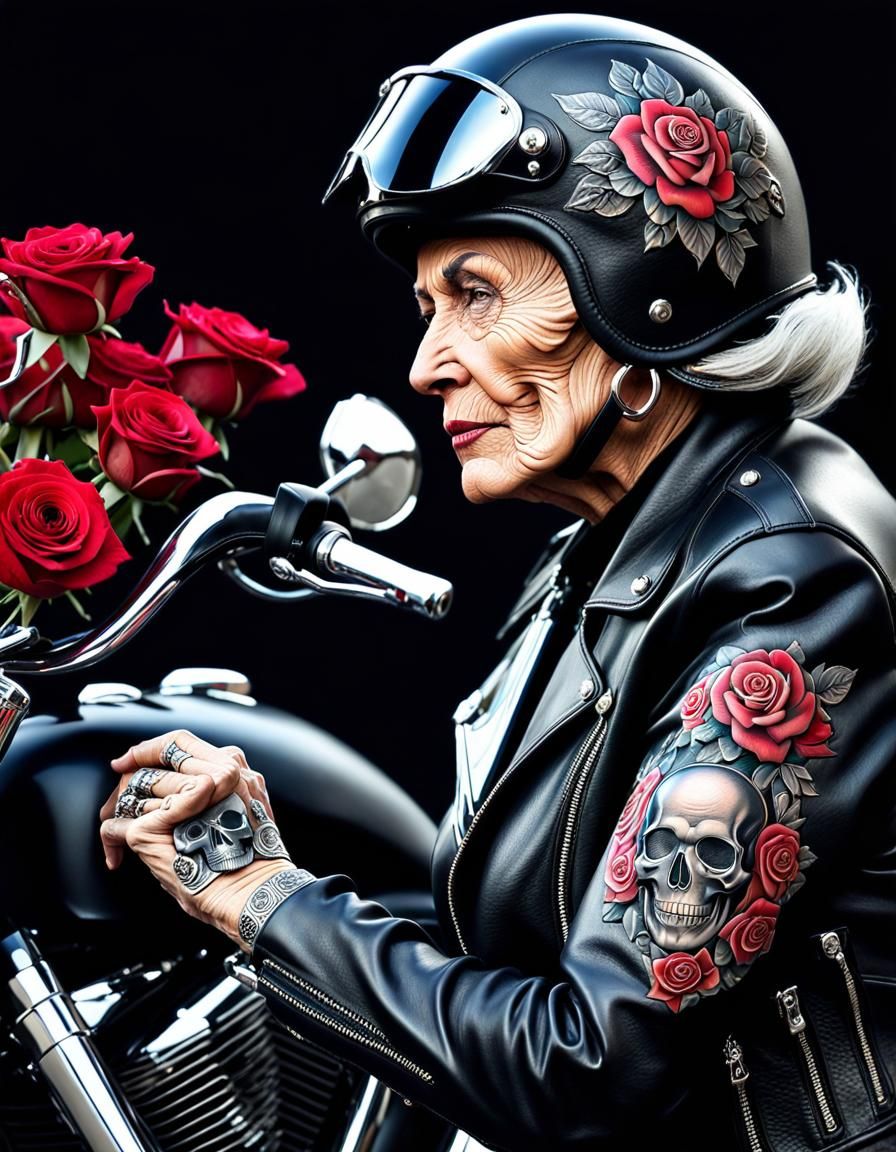 Hard Rock Elderly Woman with Motorcycle and Tattoos