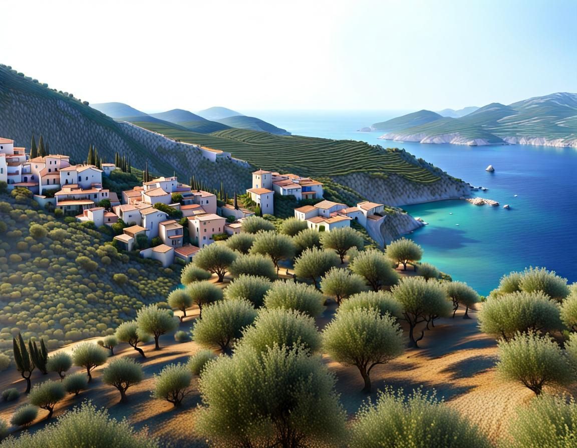 Mediterranean Coastline with Olive Trees and Volumetric Ligh...