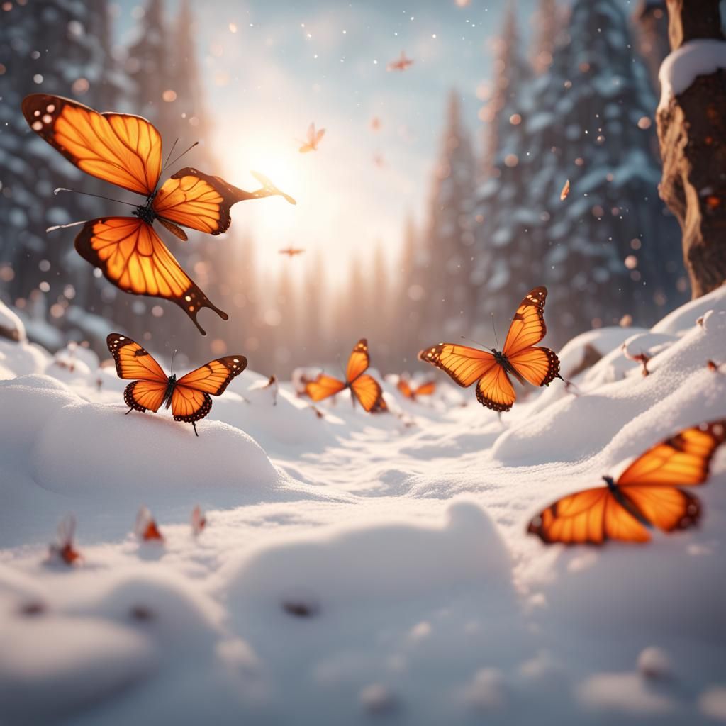 Orange Butterflies Over Snowy Path, Digital Art