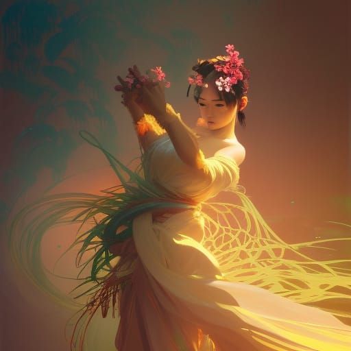 Japanese Hula Dancer in Art Nouveau Style