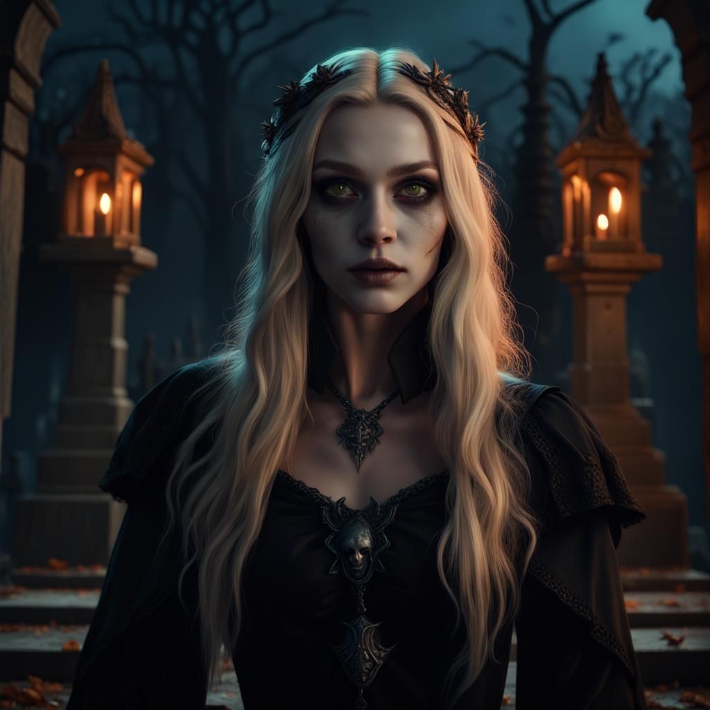 Halloween Witch in Graveyard: Detailed Matte Painting