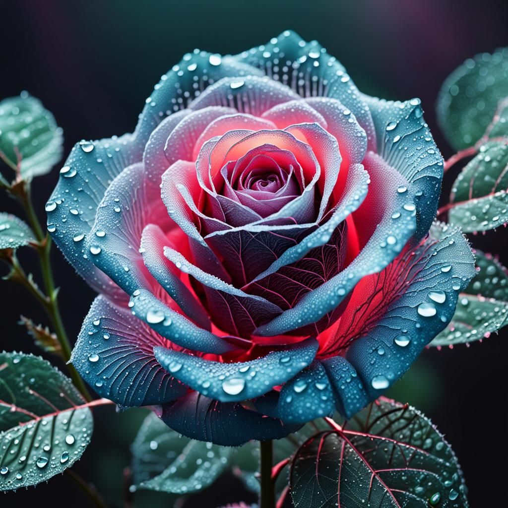 Neon Rose in Dewy Web: 3D Organic Mesh