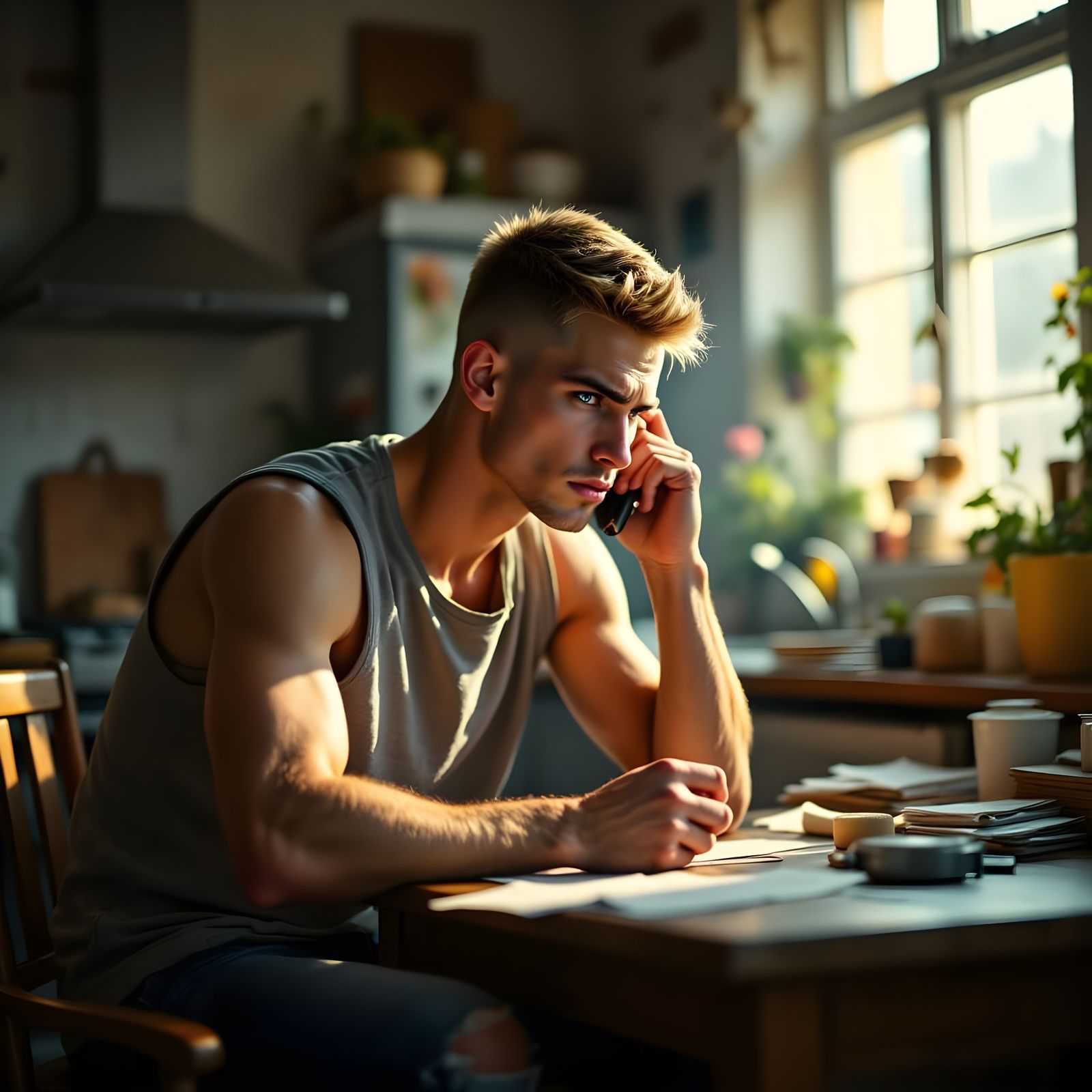 Man Answers Morning Call in Cluttered Kitchen