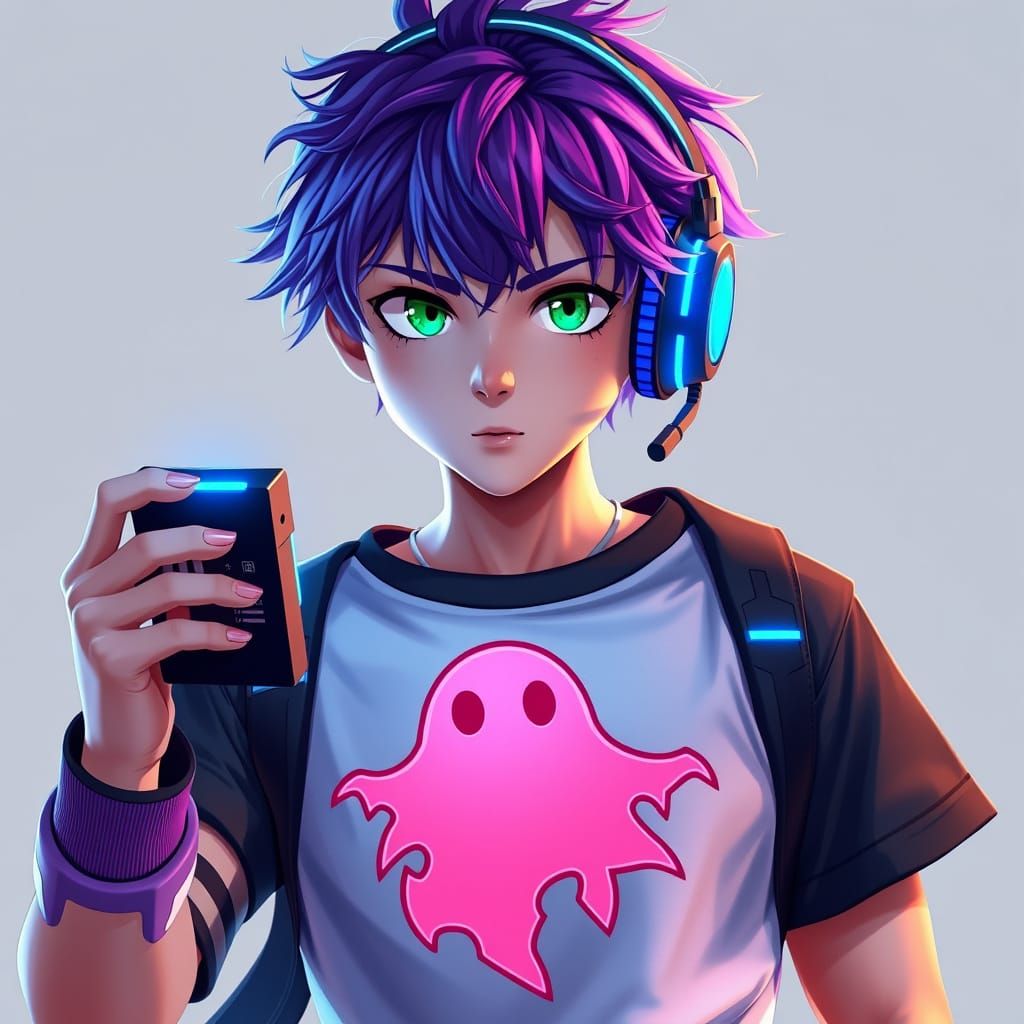 Cyberpunk Teen with Vibrant Hair and Ghost Tee in 8K-Resolut...