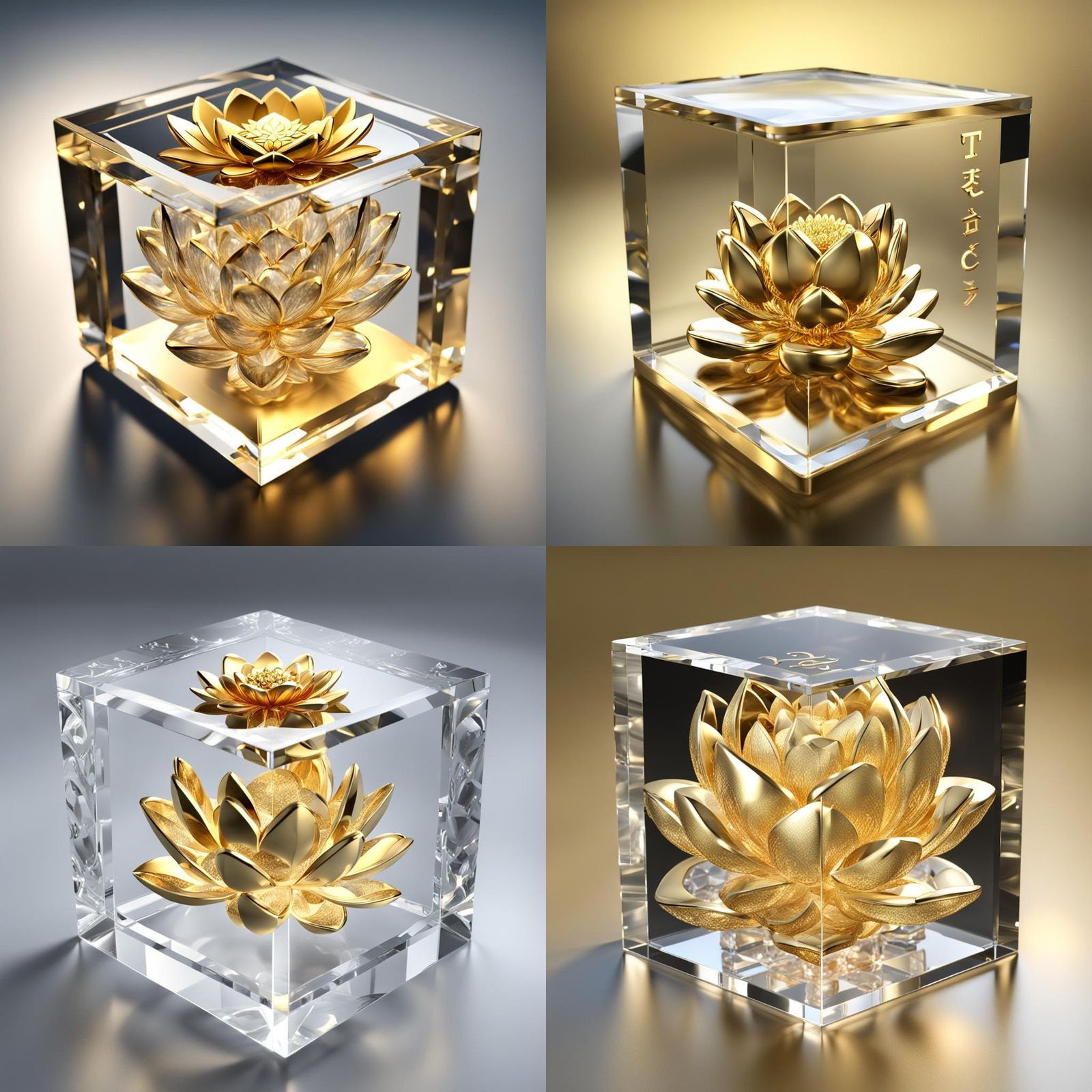 Crystal Cube with Golden Lotus and Name in 3D
