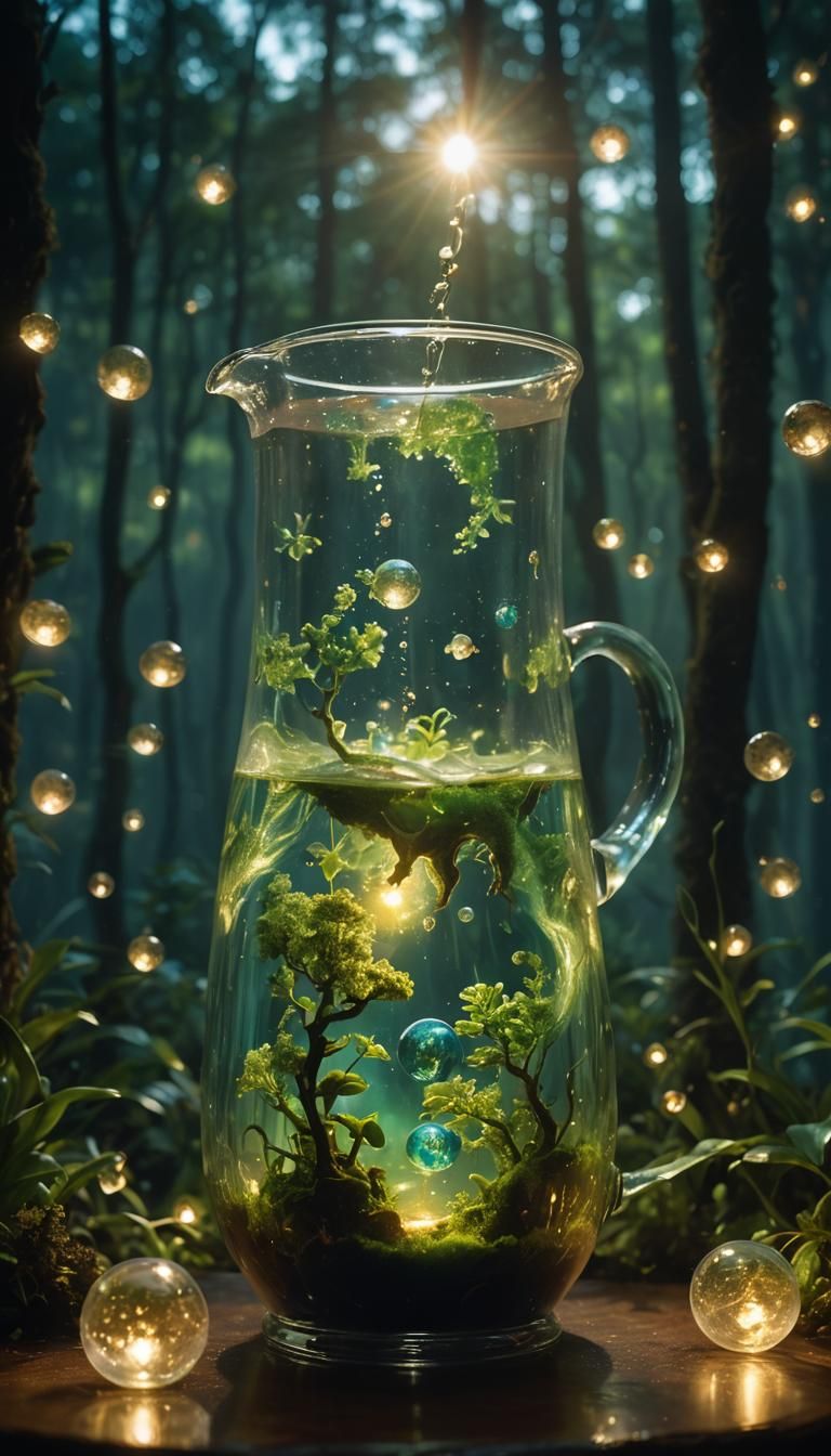 Earth in Glass Pitcher with Iridescent Mist