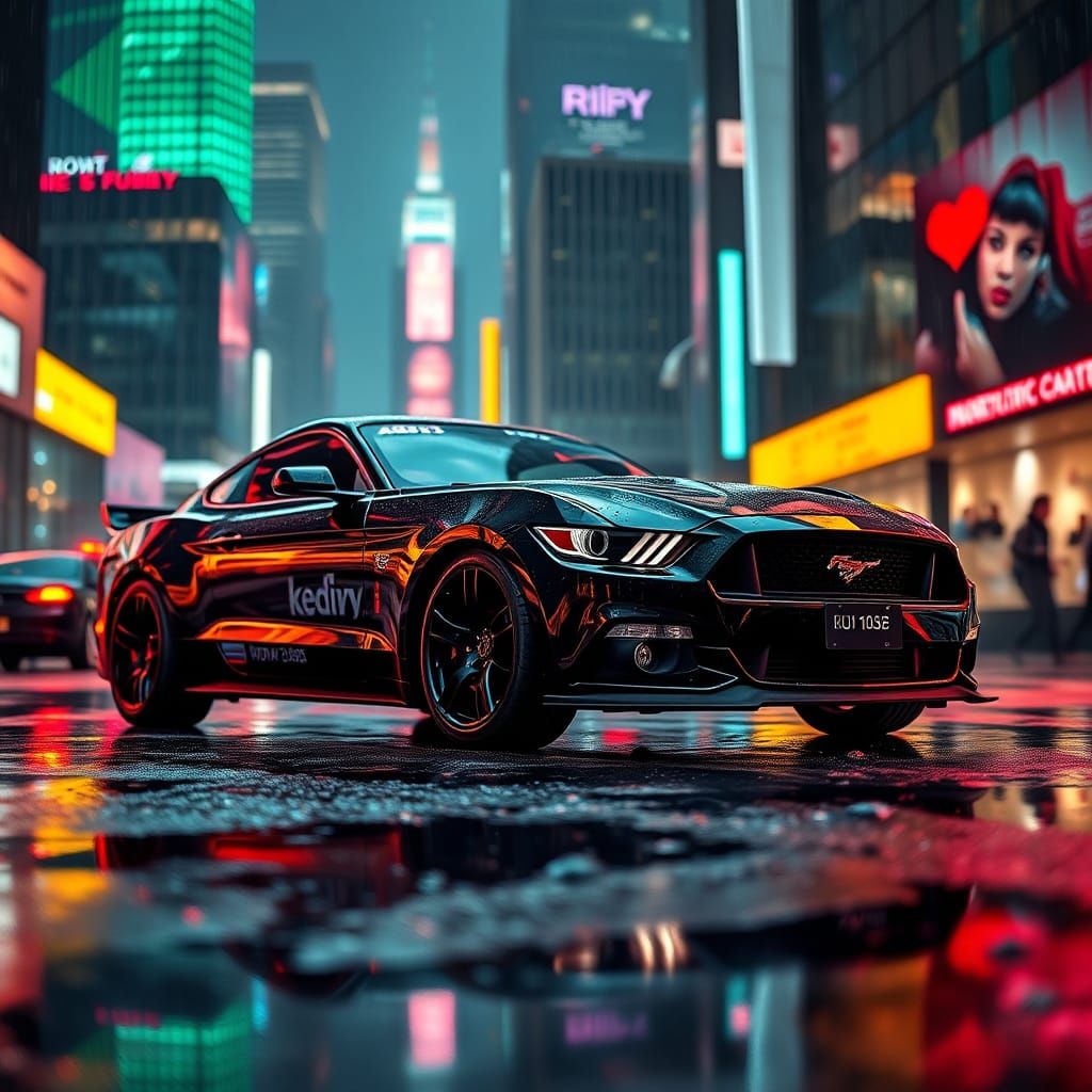 Neon Mustang in Rain: Hyperrealistic Cityscape