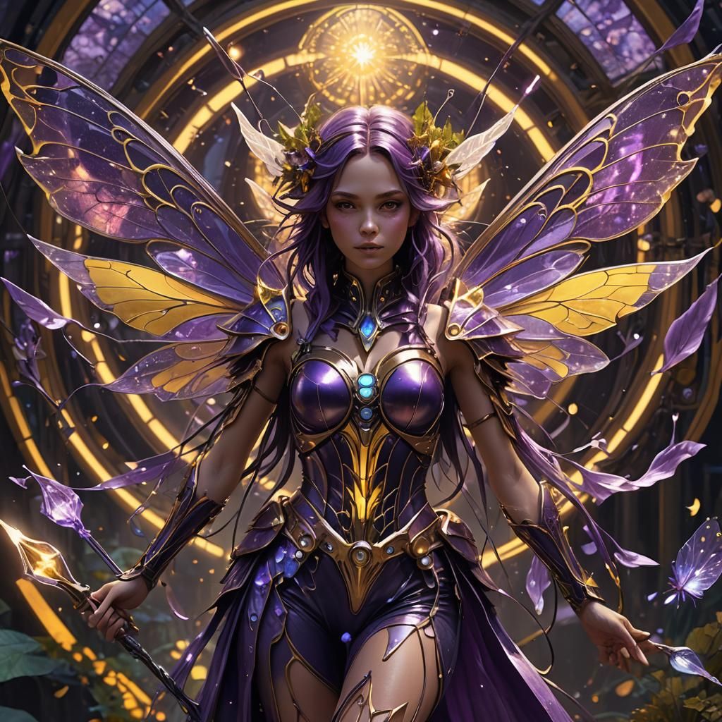 Futuristic Fairy with Metal Wings in Dark Fantasy Style