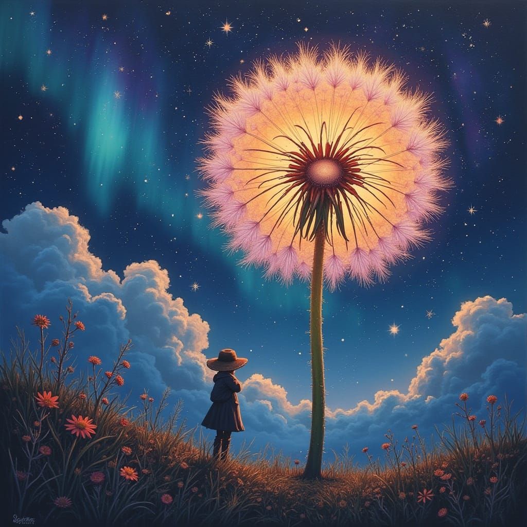 Celestial Dandelion in Starry Aurora, Digital Art