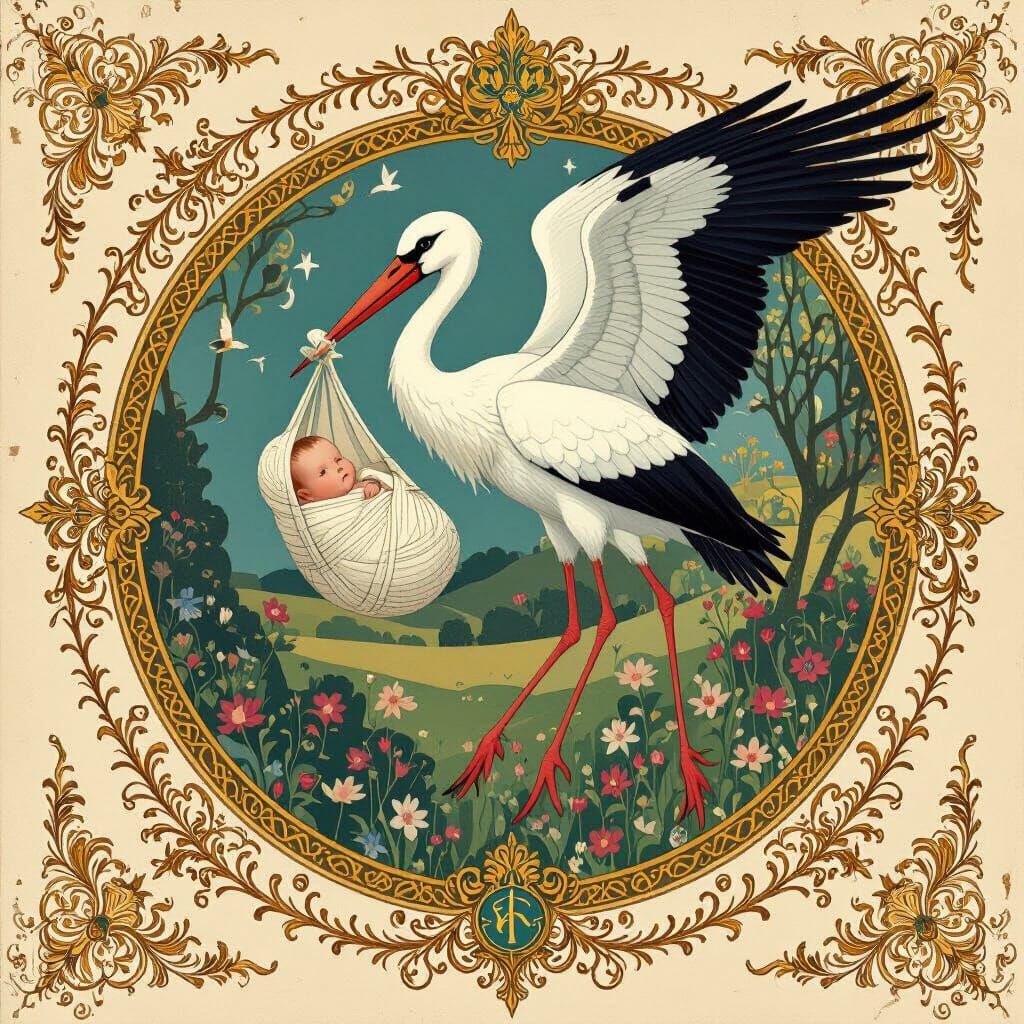 Ornate Birth Certificate with Stork and Baby in Fairytale St...