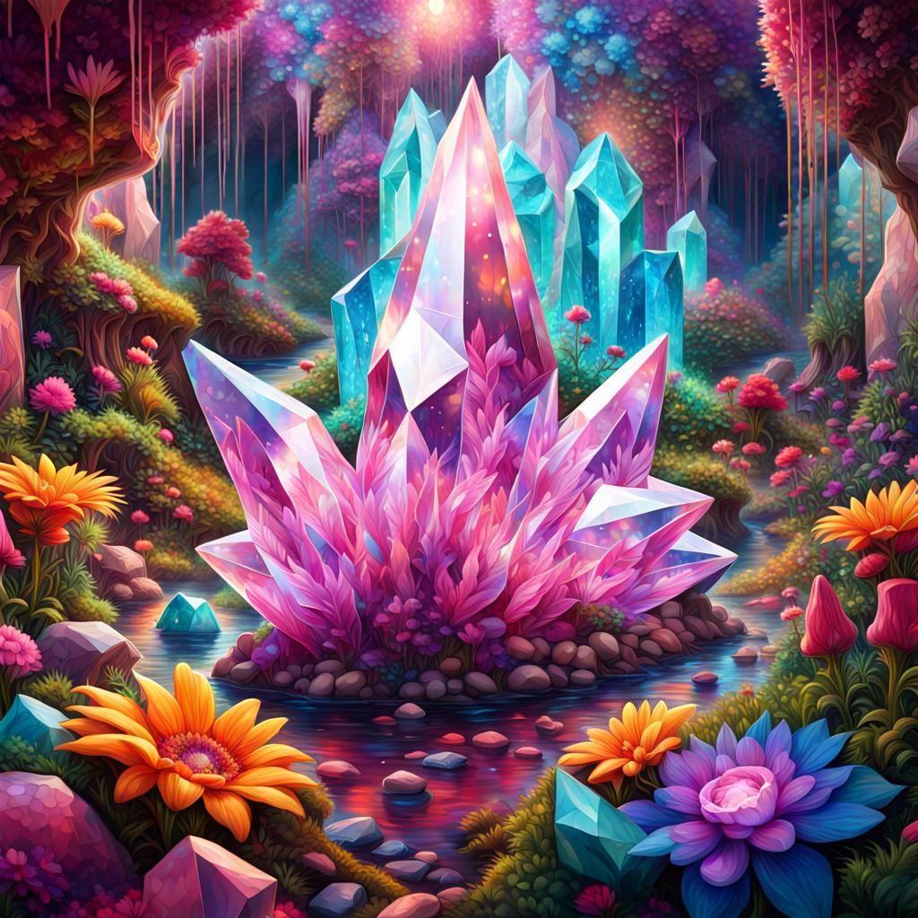Enchanted Crystal Garden in Psychedelic Holographic Art