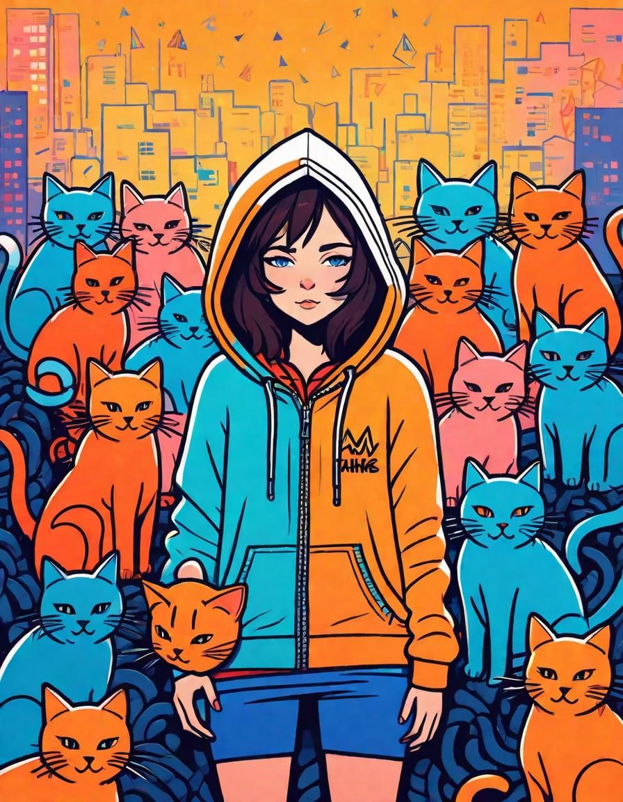 Anime Girl Surrounded by Cats in Haring Style