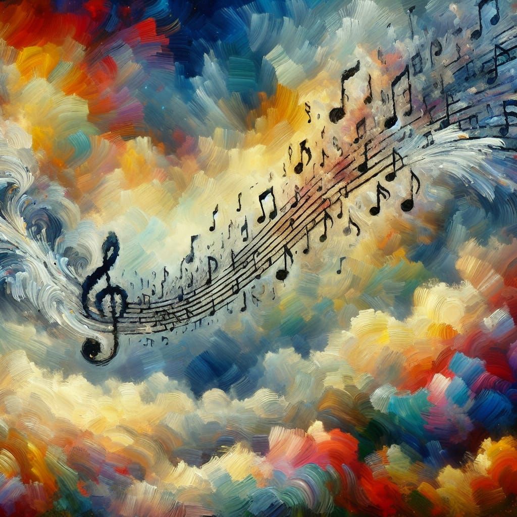 Neo-Impressionist Music Notes Floating in Space with Oil Pai...