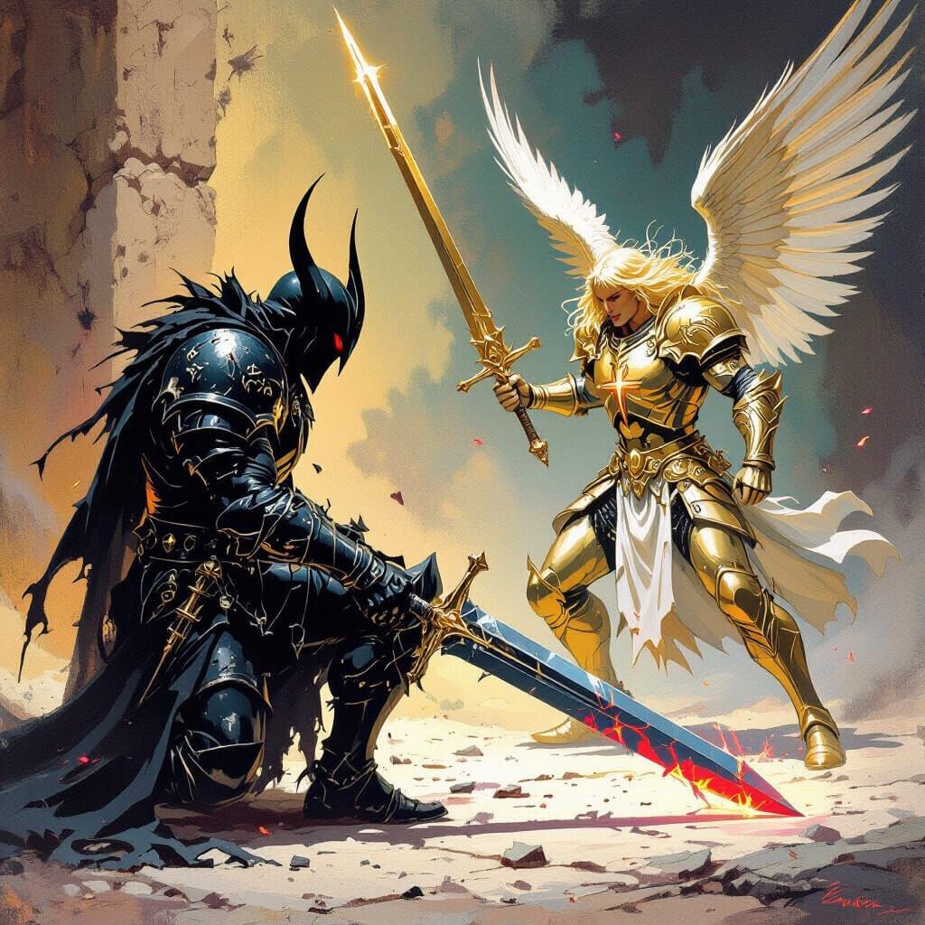 Archangel Michael Defeats Demon: Frazetta Style