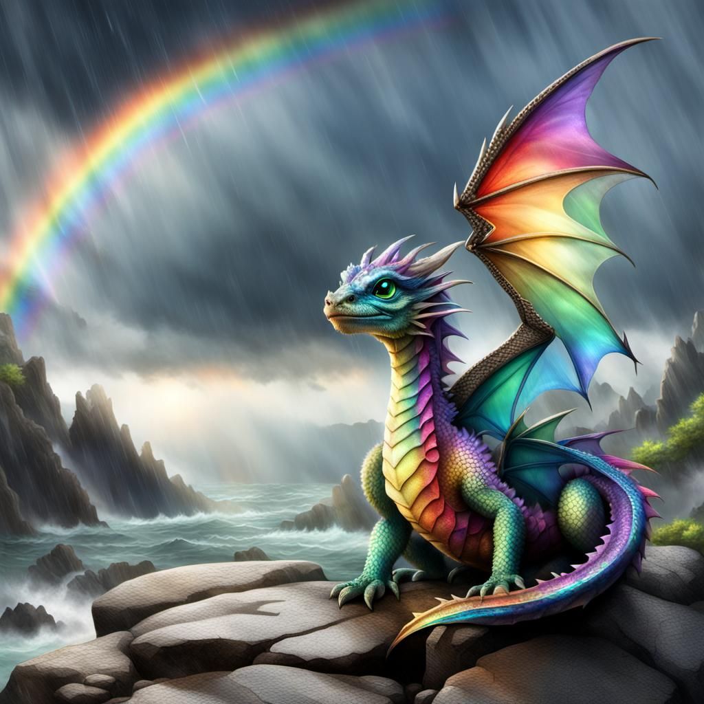 Photorealistic Baby Dragon with Rainbow Wings
