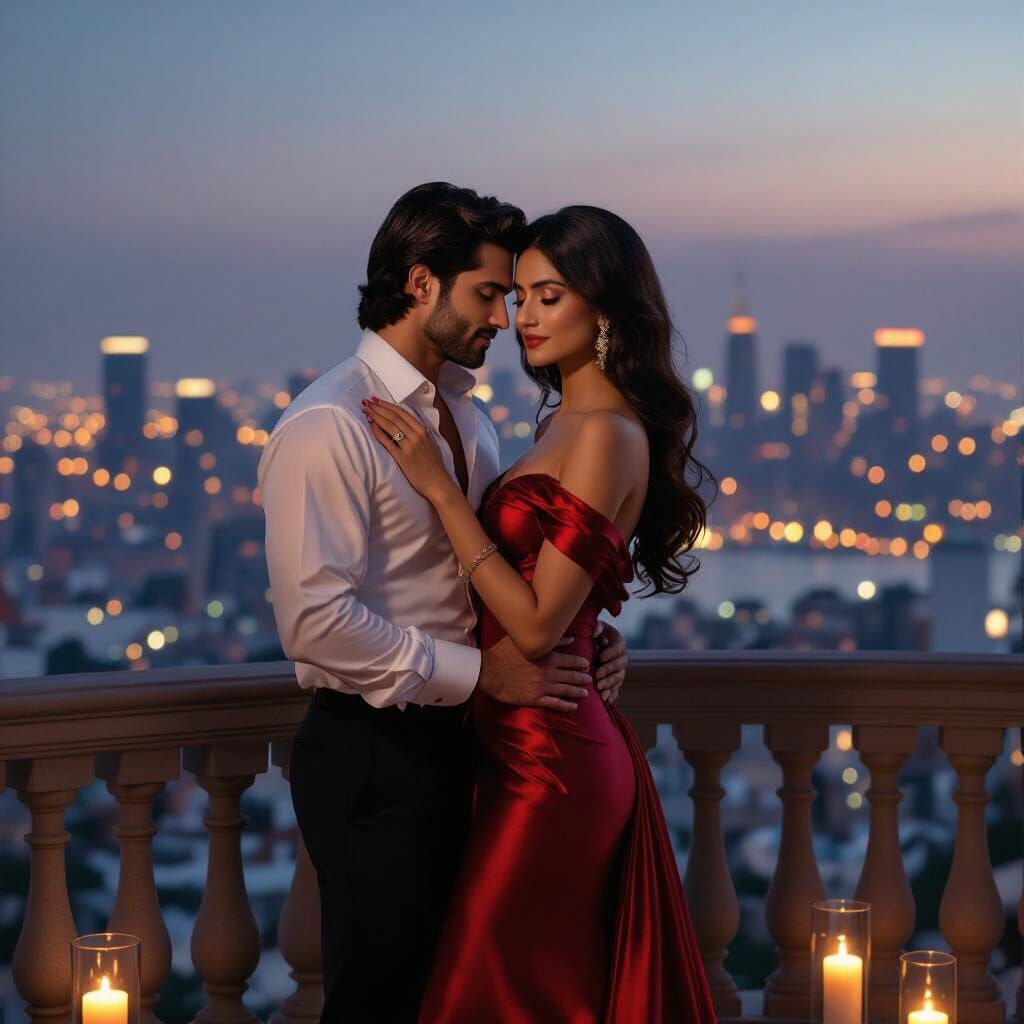 Romantic Embrace on Balcony in Cinematic Style