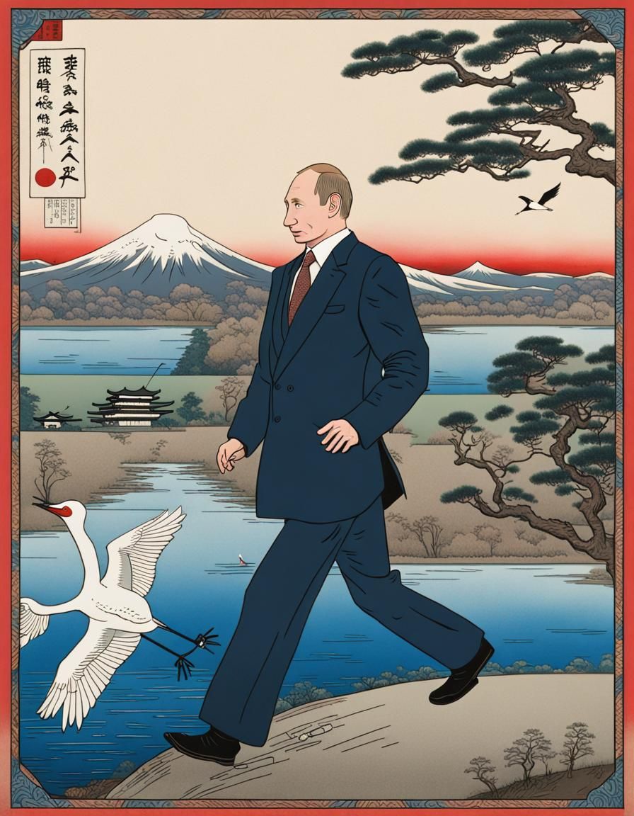 Putin and Crane in Hiroshige Style