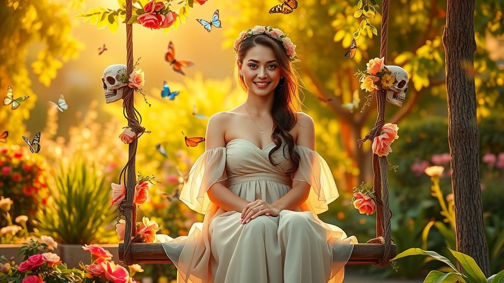 Woman on Floral Swing in Lush Garden