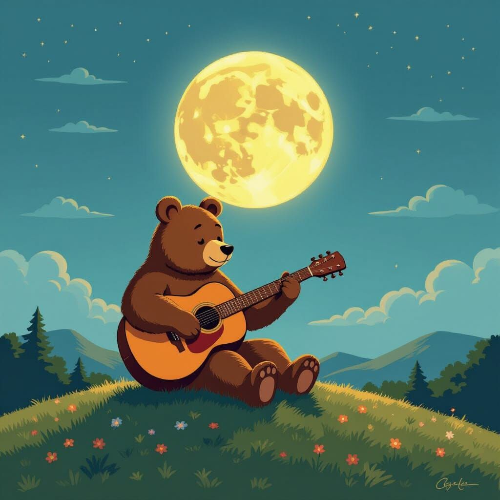 Bear Sings Goodbye to the Moon in Whimsical Style