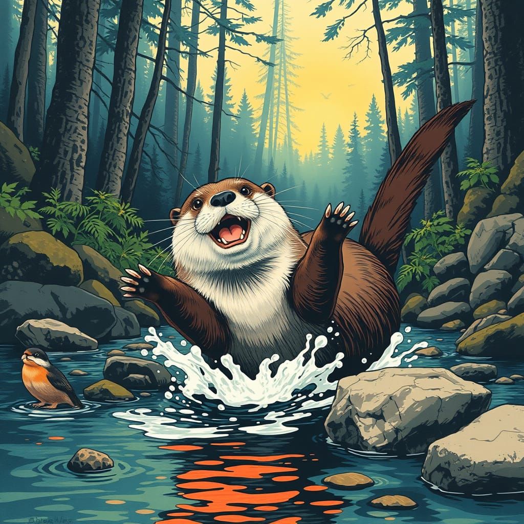 Playful Otter in Forest Stream, Silkscreen Print